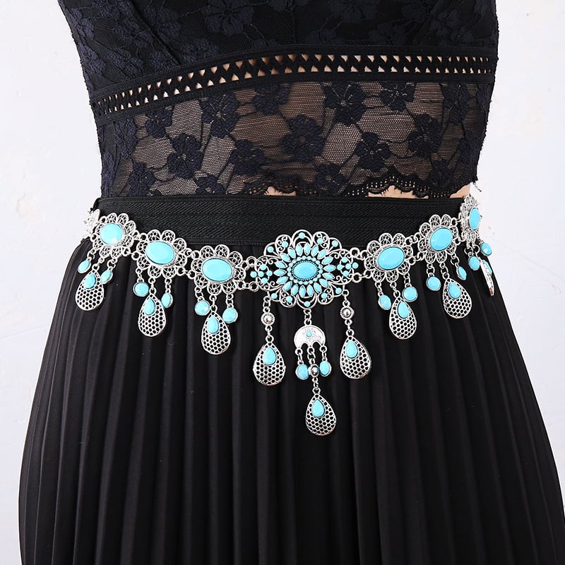 Boemski pojasni lanac s otvorenim cvjetovima, privjesak kapljice vode, metalna konstrukcija, retro etnički stil, unisex