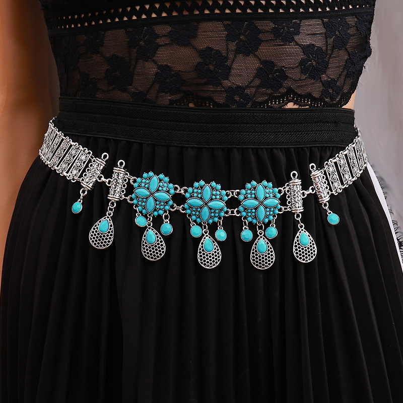 Boemski pojasni lanac s otvorenim cvjetovima, privjesak kapljice vode, metalna konstrukcija, retro etnički stil, unisex