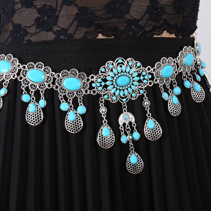 Boemski pojasni lanac s otvorenim cvjetovima, privjesak kapljice vode, metalna konstrukcija, retro etnički stil, unisex