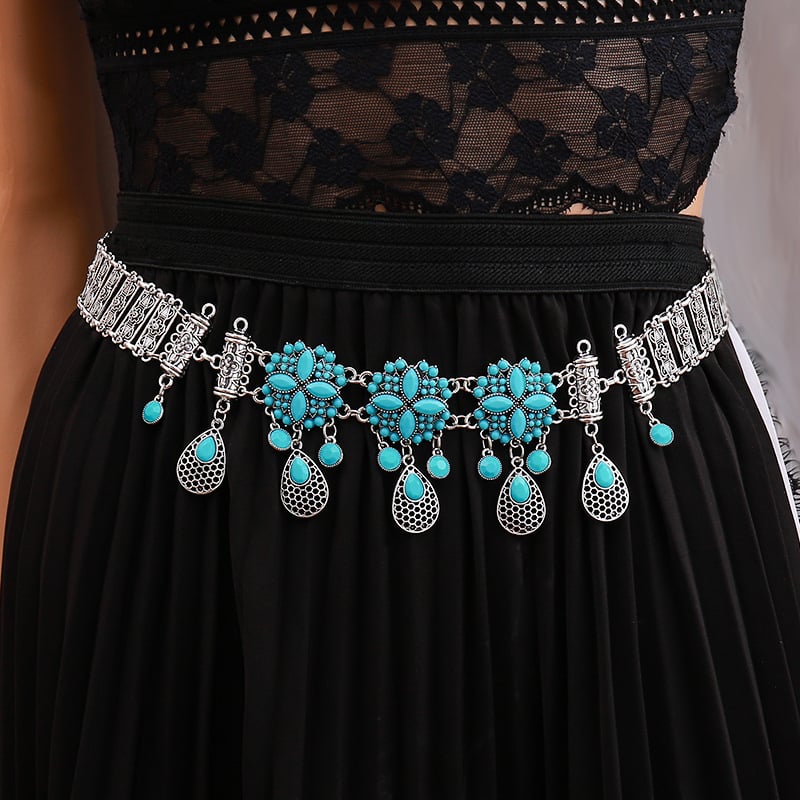 Boemski pojasni lanac s otvorenim cvjetovima, privjesak kapljice vode, metalna konstrukcija, retro etnički stil, unisex