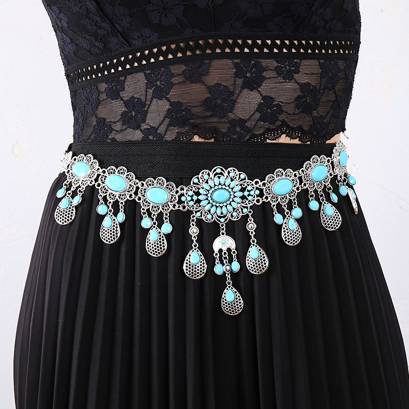 Boemski pojasni lanac s otvorenim cvjetovima, privjesak kapljice vode, metalna konstrukcija, retro etnički stil, unisex