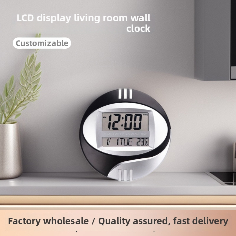 Nástenné hodiny 3885N s LCD displejom, tichý chod, batériový elektronický pohon, teplomer