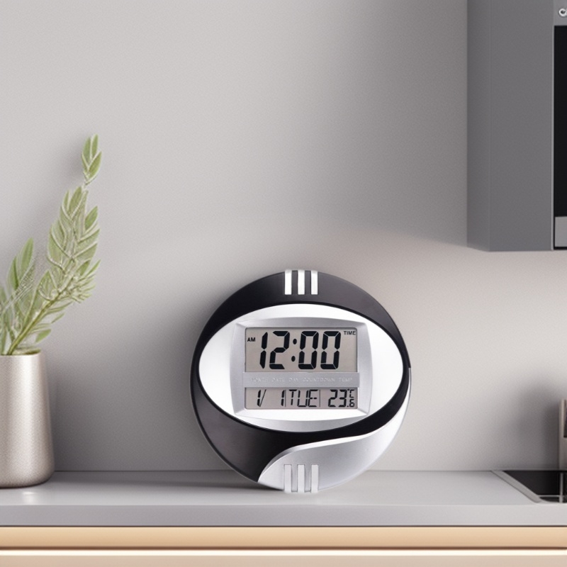 Nástenné hodiny 3885N s LCD displejom, tichý chod, batériový elektronický pohon, teplomer