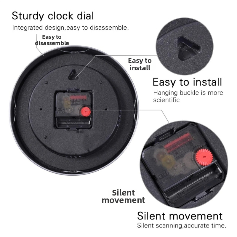 Stenné hodiny s kvartzovým pohybom s tichým chodom, kruhový plastový kryt, ciferník s číslami, batériové napájanie, akrylové zrkadlo