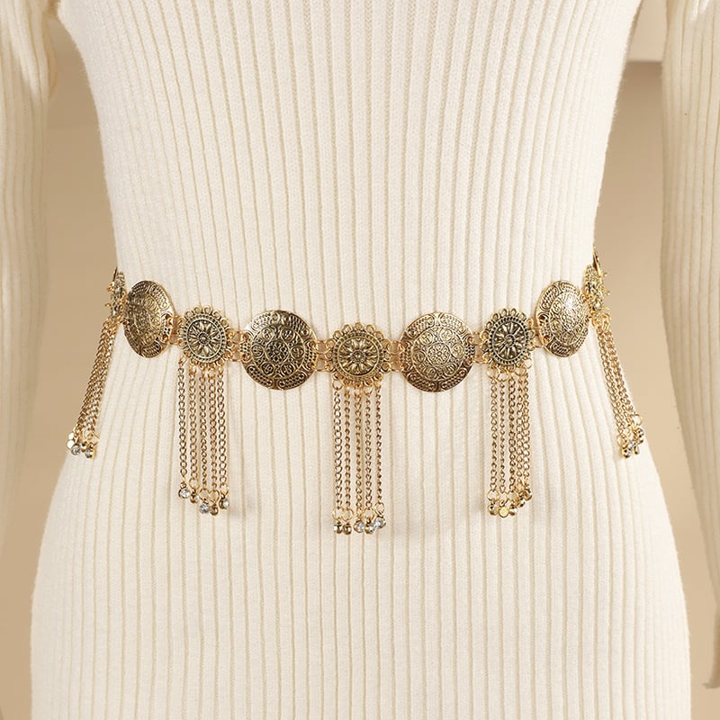 Lanac za struk — metal, etnički boemski ukras s resicama, dizajn s jednim krugom