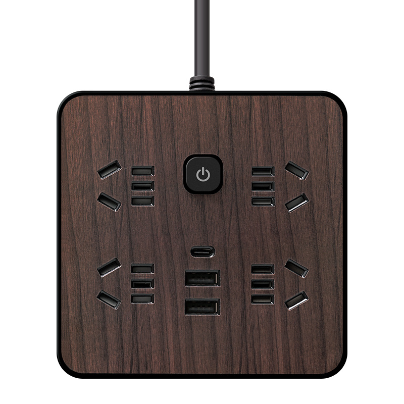 Fa textúrájú otthoni használatra szolgáló többaljzat oldalsó dugóval, 10A, 100–250V, ABS ház, réz vezetők, 3C tanúsítvány