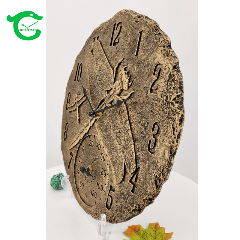 Zidni sat s termometrom, okrugli brojčanik od smole, IP44 vodootporan, napajanje baterijom