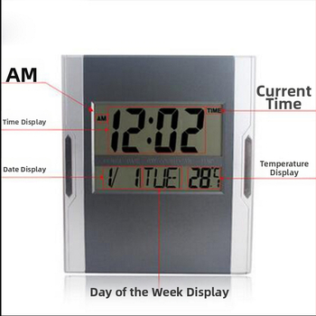 Nástenné hodiny – moderné tiché digitálne hodiny s LED LCD displejom a veľkými číslami; teplomer, kalendár, budík; napájané batériami; vhodné do obývačky, spálne, študovne, kancelárie.