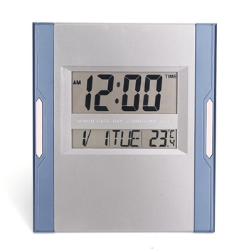 Nástenné hodiny – moderné tiché digitálne hodiny s LED LCD displejom a veľkými číslami; teplomer, kalendár, budík; napájané batériami; vhodné do obývačky, spálne, študovne, kancelárie.