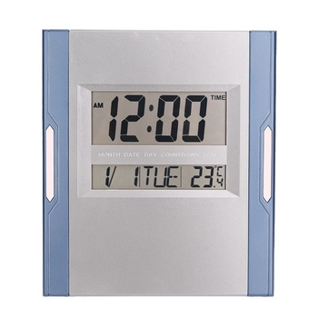 Nástenné hodiny – moderné tiché digitálne hodiny s LED LCD displejom a veľkými číslami; teplomer, kalendár, budík; napájané batériami; vhodné do obývačky, spálne, študovne, kancelárie.