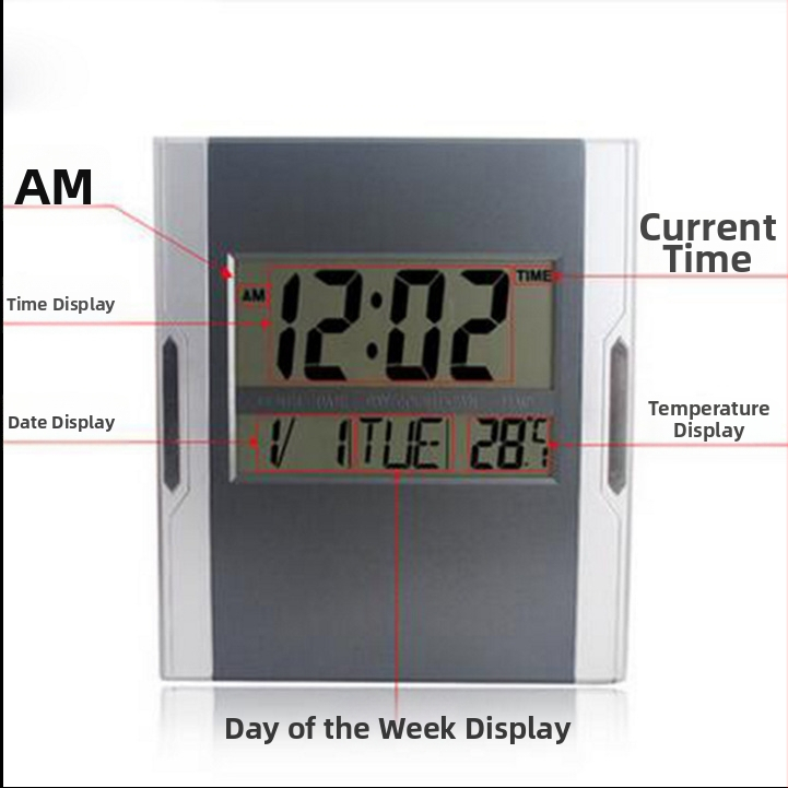 Nástenné hodiny – moderné tiché digitálne hodiny s LED LCD displejom a veľkými číslami; teplomer, kalendár, budík; napájané batériami; vhodné do obývačky, spálne, študovne, kancelárie.