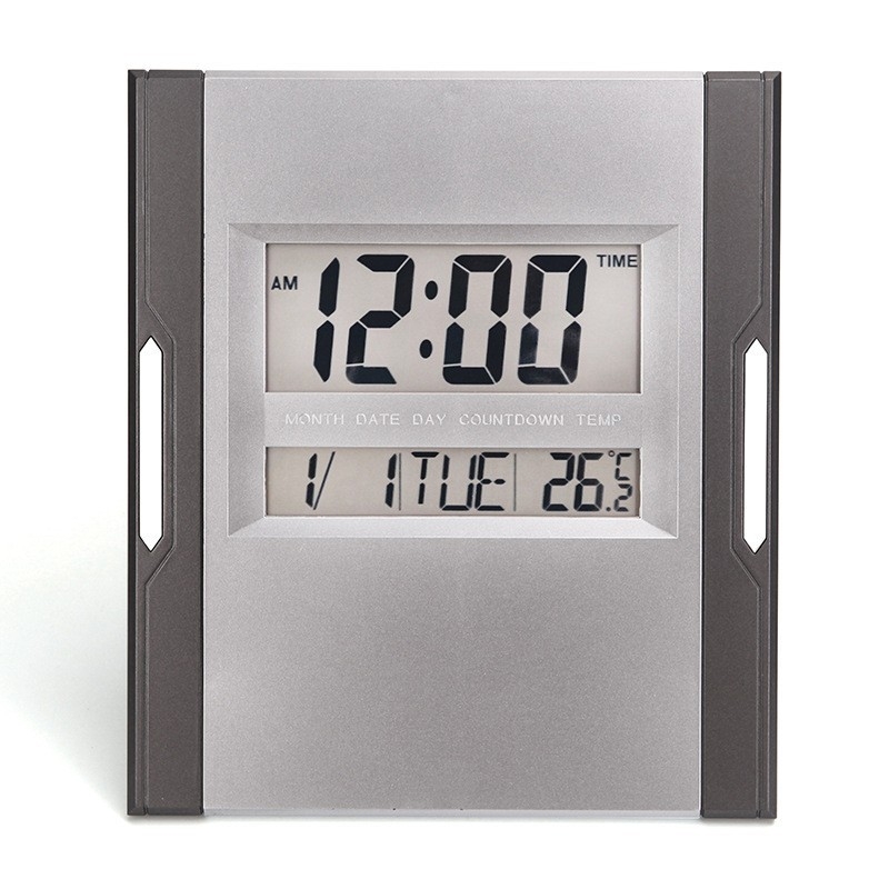 Nástenné hodiny – moderné tiché digitálne hodiny s LED LCD displejom a veľkými číslami; teplomer, kalendár, budík; napájané batériami; vhodné do obývačky, spálne, študovne, kancelárie.