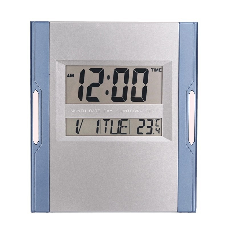 Nástenné hodiny – moderné tiché digitálne hodiny s LED LCD displejom a veľkými číslami; teplomer, kalendár, budík; napájané batériami; vhodné do obývačky, spálne, študovne, kancelárie.