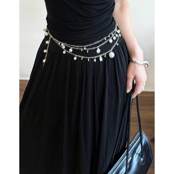 Francia stílusú, többrétegű deréklánc, fém anyagból, héjgyöngyökkel, könnyű luxus megjelenés, női viselet