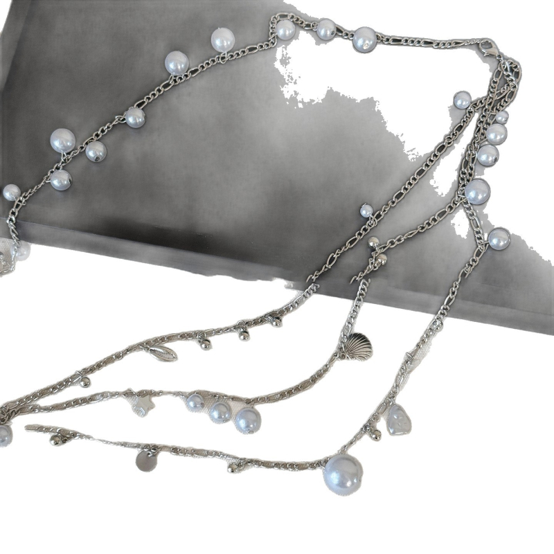 Francia stílusú, többrétegű deréklánc, fém anyagból, héjgyöngyökkel, könnyű luxus megjelenés, női viselet