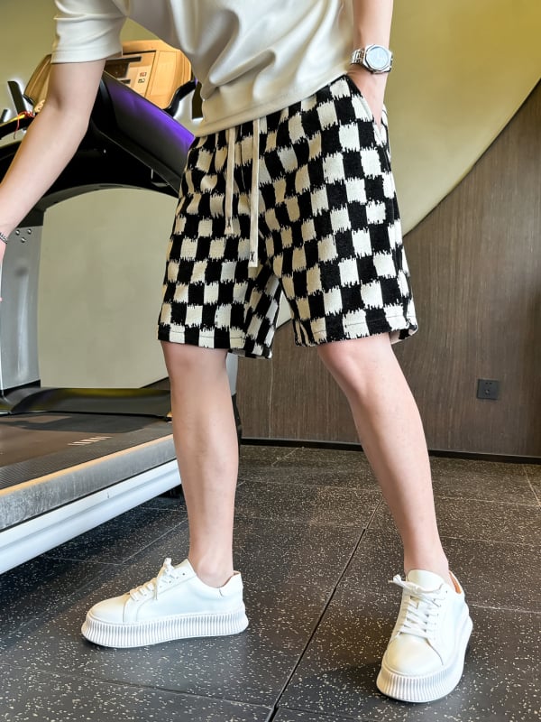Мъжки летни шорти с шахматен принт, капри дължина, прав разрез, микроластичен полиестер, винтидж стил