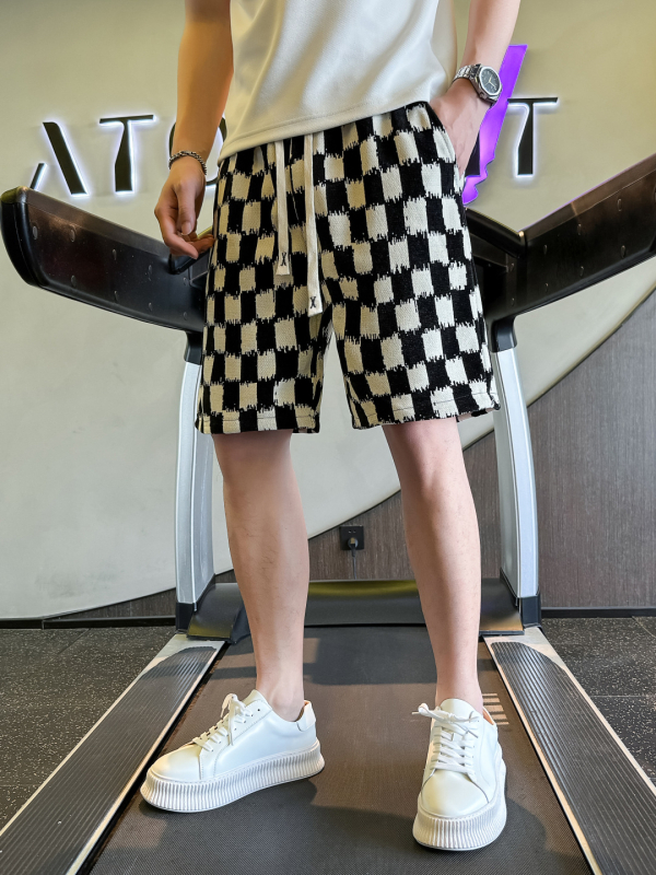 Мъжки летни шорти с шахматен принт, капри дължина, прав разрез, микроластичен полиестер, винтидж стил