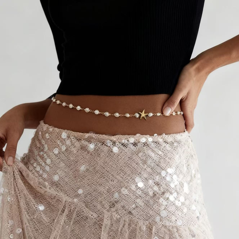 Колан за талия с перлена морска звезда и звездна форма; железо, електроплатиране