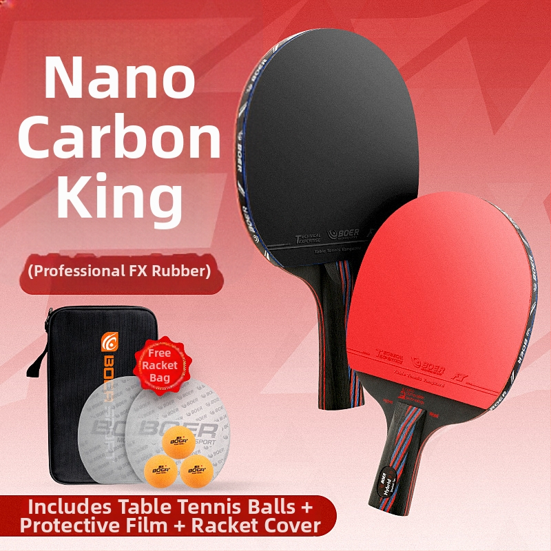Boer stolný tenis raketa - Nano Carbon King vylepšená verzia, Basswood Ayus základná doska, Reverse Glue guma, horizontálny úder, vlastná spracovanie