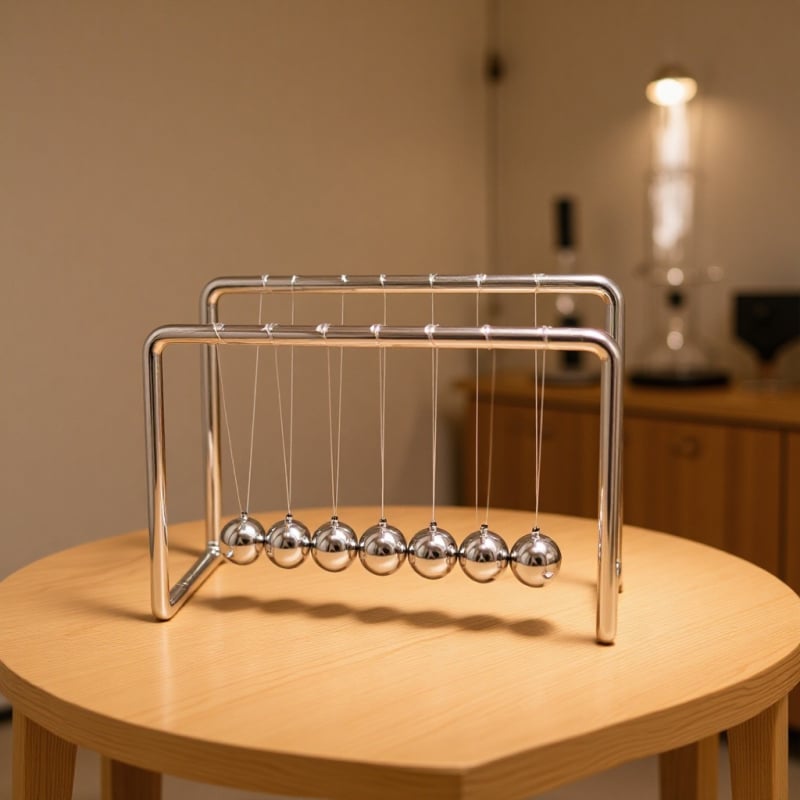 Седемболен Нютонов маятник за бюро – метална конструкция, повърхност електроплакирана, стил прост и модерен; идеален подарък