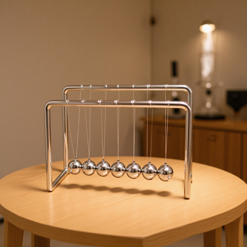 Седемболен Нютонов маятник за бюро – метална конструкция, повърхност електроплакирана, стил прост и модерен; идеален подарък