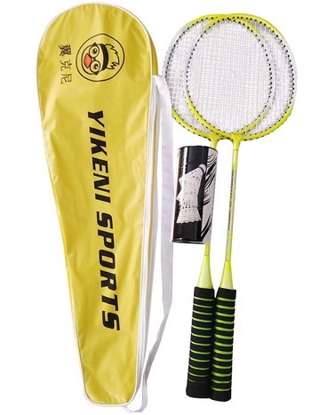 Set badminton raketa s tri lopte – Mala žuta patka, lagani okvir, 95–100 g, ravna šipka, 65×20, za početnike