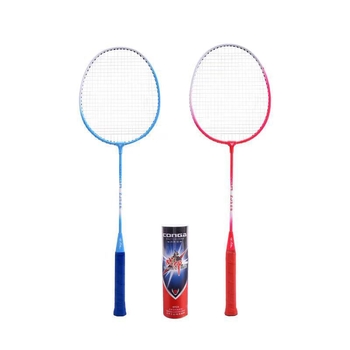 Set dvije rakete za badminton – okvir od ferroalijata, najlonske navoje, težina 75–79 g, srednja tvrdoća, direktan udarac