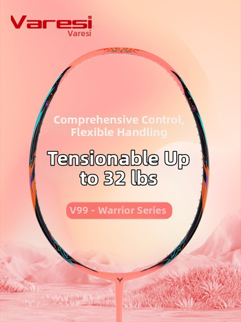 Varesi Badminton raketė - anglies pluošto rėmas, svoris 80-84 g, rankenos storis G-5, tiesus smūgis, nylon siūlai