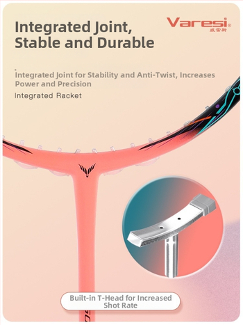 Varesi Badminton raketė - anglies pluošto rėmas, svoris 80-84 g, rankenos storis G-5, tiesus smūgis, nylon siūlai