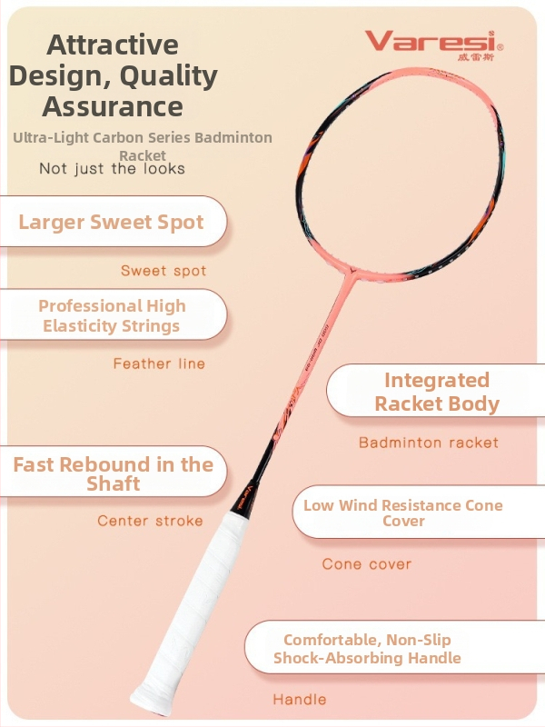 Varesi Badminton raketė - anglies pluošto rėmas, svoris 80-84 g, rankenos storis G-5, tiesus smūgis, nylon siūlai