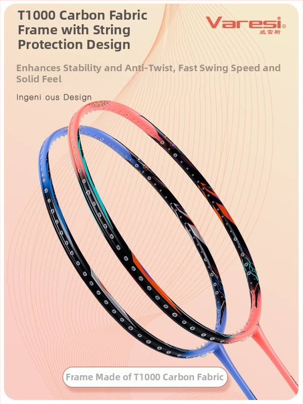 Varesi Badminton raketė - anglies pluošto rėmas, svoris 80-84 g, rankenos storis G-5, tiesus smūgis, nylon siūlai