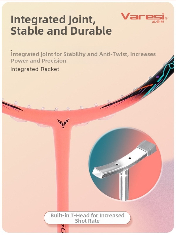 Varesi Badminton raketė - anglies pluošto rėmas, svoris 80-84 g, rankenos storis G-5, tiesus smūgis, nylon siūlai