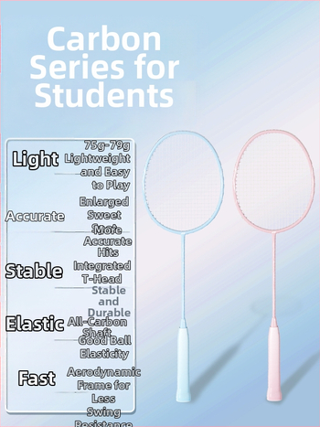 Badmintono raketė – anglies pluošto korpusas, svoris 75–79 g, tiesus kotas, rankenos storis G-4, vidutinė kietumas, logotipo spauda įmanoma