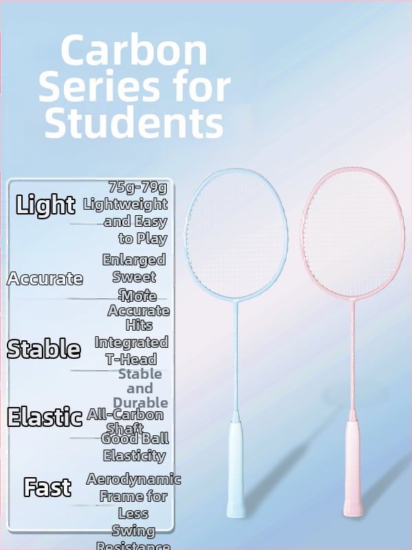 Badmintono raketė – anglies pluošto korpusas, svoris 75–79 g, tiesus kotas, rankenos storis G-4, vidutinė kietumas, logotipo spauda įmanoma