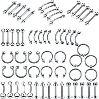 Sincere Princess Series set nakita za nos i lice - Nehrđajući čelik 304, 60 komada miješanih piercinga za usne, nos, jezik i obrve, Unisex, polirano, prilagodljivo