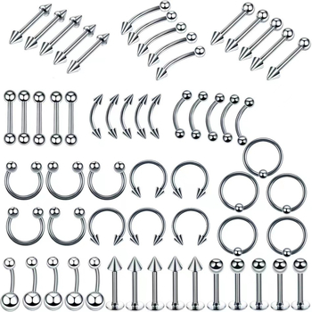 Sincere Princess Series set nakita za nos i lice - Nehrđajući čelik 304, 60 komada miješanih piercinga za usne, nos, jezik i obrve, Unisex, polirano, prilagodljivo