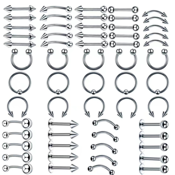 Sincere Princess Series set nakita za nos i lice - Nehrđajući čelik 304, 60 komada miješanih piercinga za usne, nos, jezik i obrve, Unisex, polirano, prilagodljivo