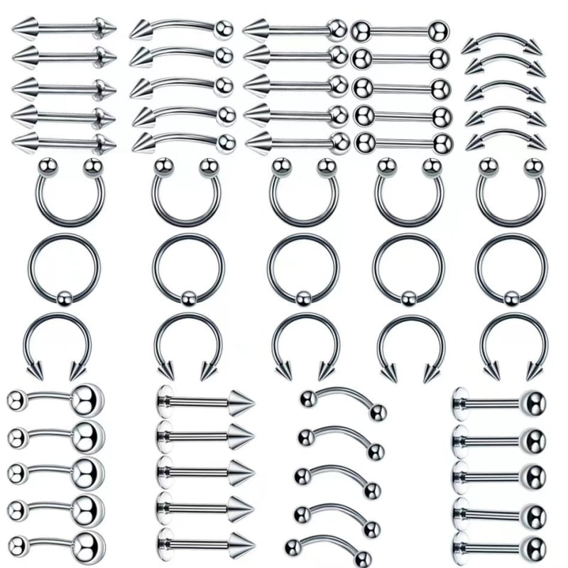 Sincere Princess Series set nakita za nos i lice - Nehrđajući čelik 304, 60 komada miješanih piercinga za usne, nos, jezik i obrve, Unisex, polirano, prilagodljivo