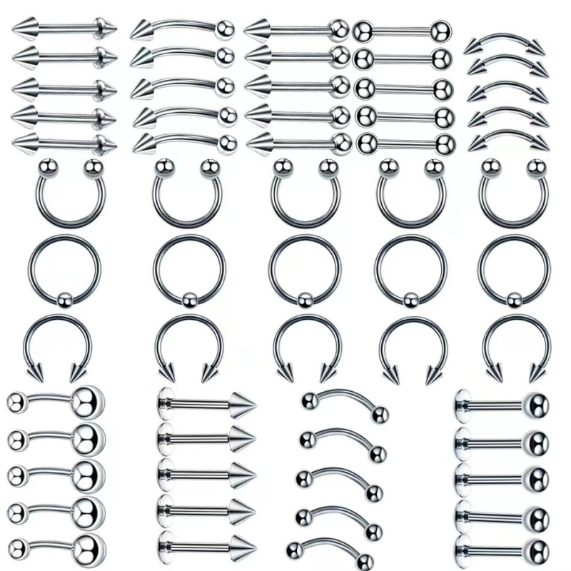 Sincere Princess Series set nakita za nos i lice - Nehrđajući čelik 304, 60 komada miješanih piercinga za usne, nos, jezik i obrve, Unisex, polirano, prilagodljivo