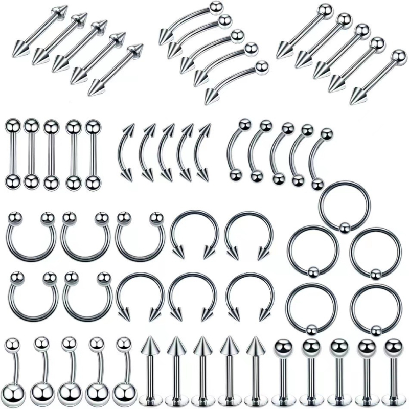 Sincere Princess Series set nakita za nos i lice - Nehrđajući čelik 304, 60 komada miješanih piercinga za usne, nos, jezik i obrve, Unisex, polirano, prilagodljivo