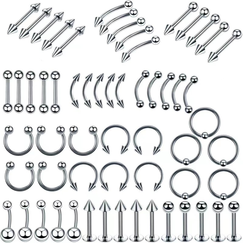 Sincere Princess Series set nakita za nos i lice - Nehrđajući čelik 304, 60 komada miješanih piercinga za usne, nos, jezik i obrve, Unisex, polirano, prilagodljivo