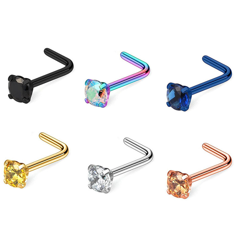 L-σχήματος ρινικό σκουλαρίκι από ανοξείδωτο ατσάλι με ζιρκόν ένθετο, unisex