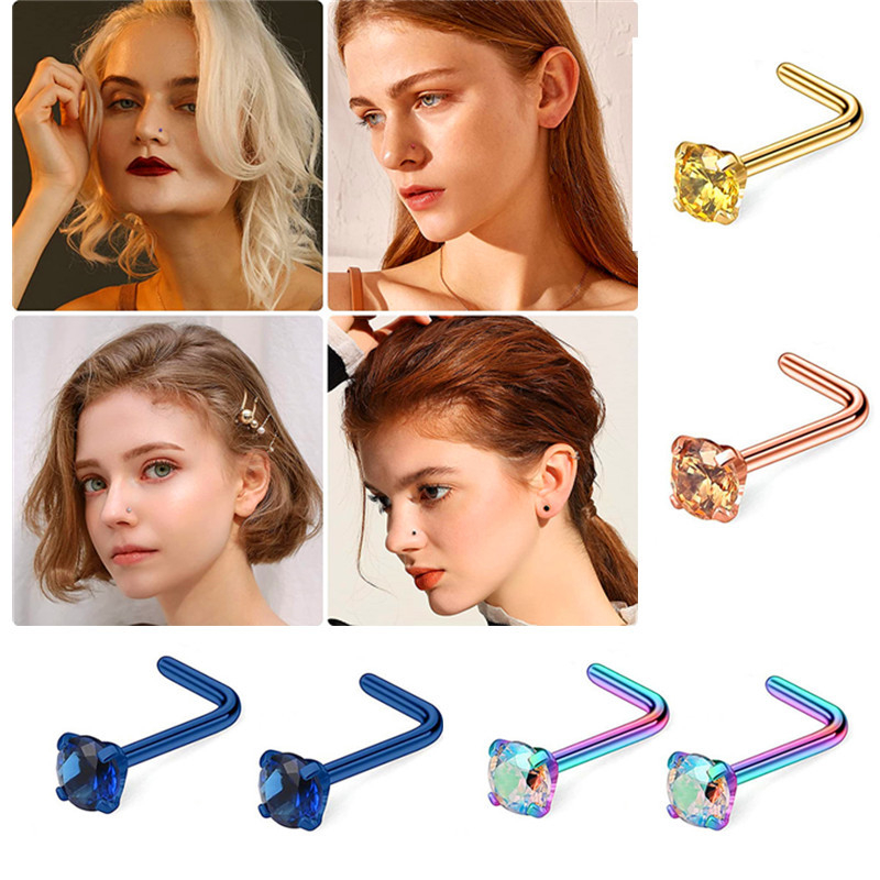 L-σχήματος ρινικό σκουλαρίκι από ανοξείδωτο ατσάλι με ζιρκόν ένθετο, unisex