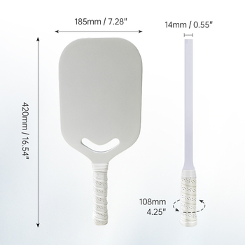 Pranastar Pickleball raketė – anglies pluoštas, vienos dalies be rėmo konstrukcija, matmenys 420×185×14 mm, svoris 95–100 g, rankenos storis G1, logotipo spausdinimas įmanomas