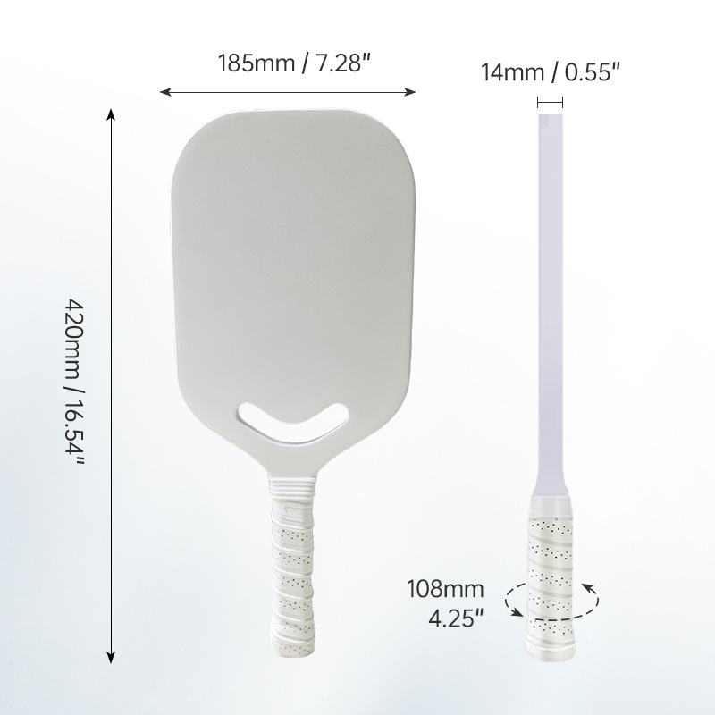 Pranastar Pickleball raketė – anglies pluoštas, vienos dalies be rėmo konstrukcija, matmenys 420×185×14 mm, svoris 95–100 g, rankenos storis G1, logotipo spausdinimas įmanomas