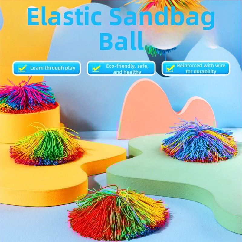 Smėlio maišelio žaislas sensoriniam treniravimui, plastikinė konstrukcija su gumine kamuole, skatina jutimą ir rankos-akies koordinaciją; tinkamas 15–35 metų jaunimui; 14+ žaislas.