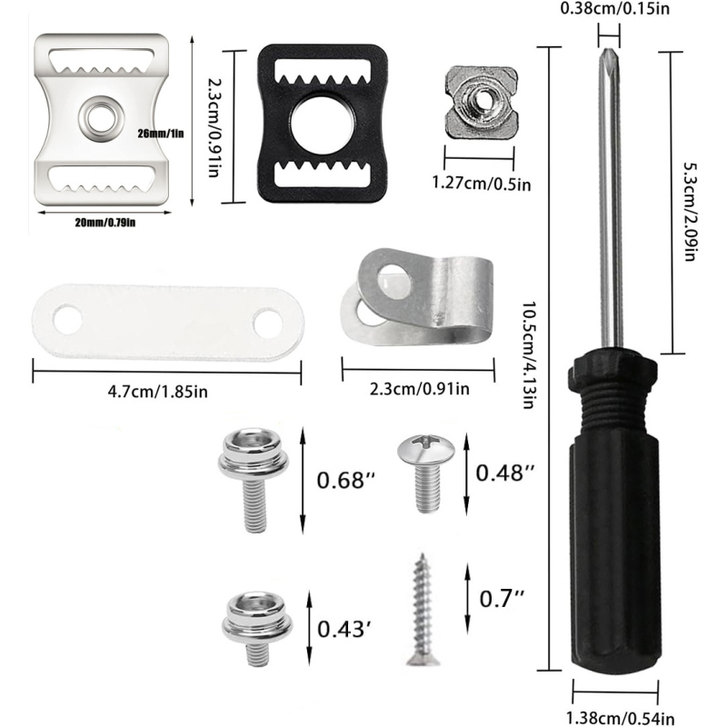 ķivere remontkomplekts ar skrūvēm, uzgriežņiem, zoda siksnas sprādzei, sejas aizsargu un brillēm — hokejam un ledus sportiem. Materiāli: nerūsējošais tērauds, alumīnija sakausējums, plastmasa
