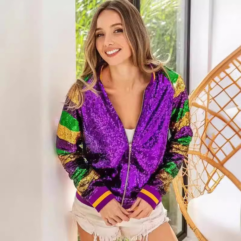 Flitrové baseballové sako, regulárne rukávy, guľatý výstrih, polyesterová tkanina, vzor s textom