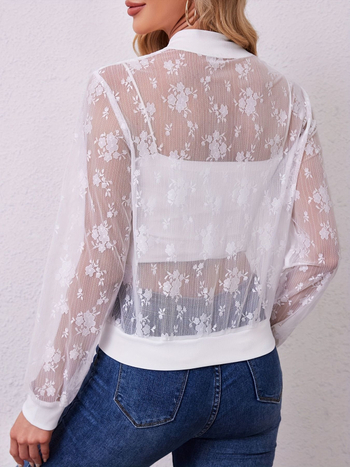 Ženska casual jakna s čipkastim patchworkom i prednjim zipom (tanka poliester-spandeks smjesa, dugi rukavi, jesen 2025)