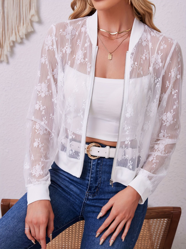 Ženska casual jakna s čipkastim patchworkom i prednjim zipom (tanka poliester-spandeks smjesa, dugi rukavi, jesen 2025)